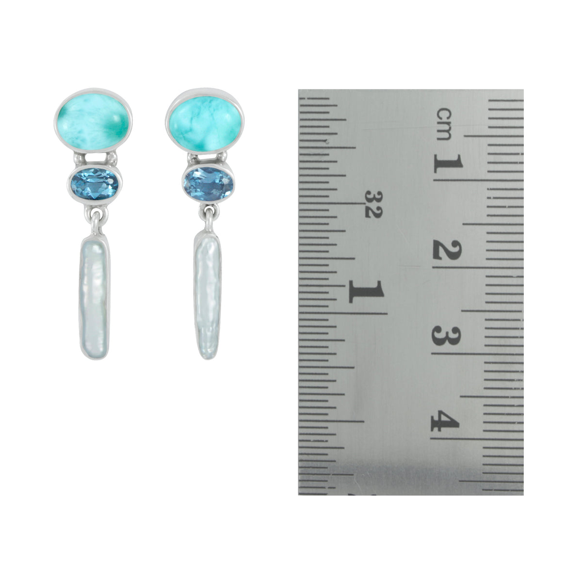 Silver Earring With Larimar Oval, London Blue Oval Facet, Pearl Drop