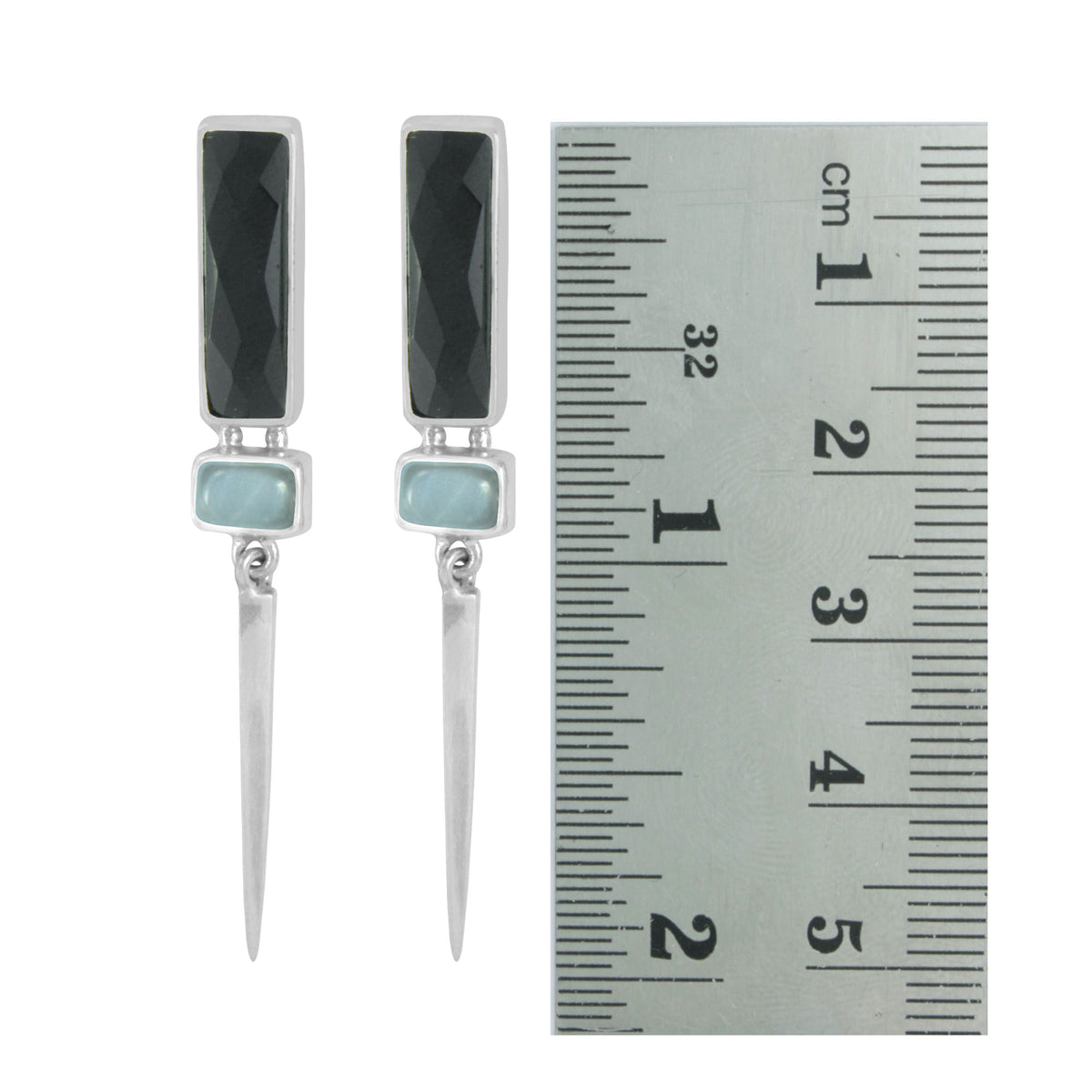 Silver Earring With Onyx Rectangle &amp; Grey Moon Rectangle