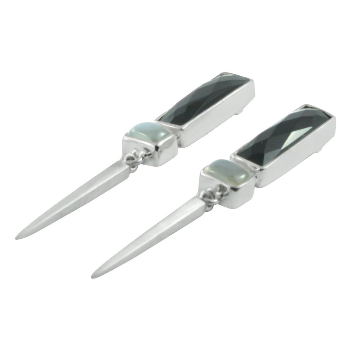 Silver Earring With Onyx Rectangle &amp; Grey Moon Rectangle