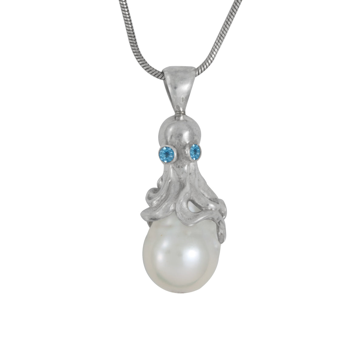 Silver Pendant Octopus With Blue Topaz Round Facet And PEarl Boruge Drop