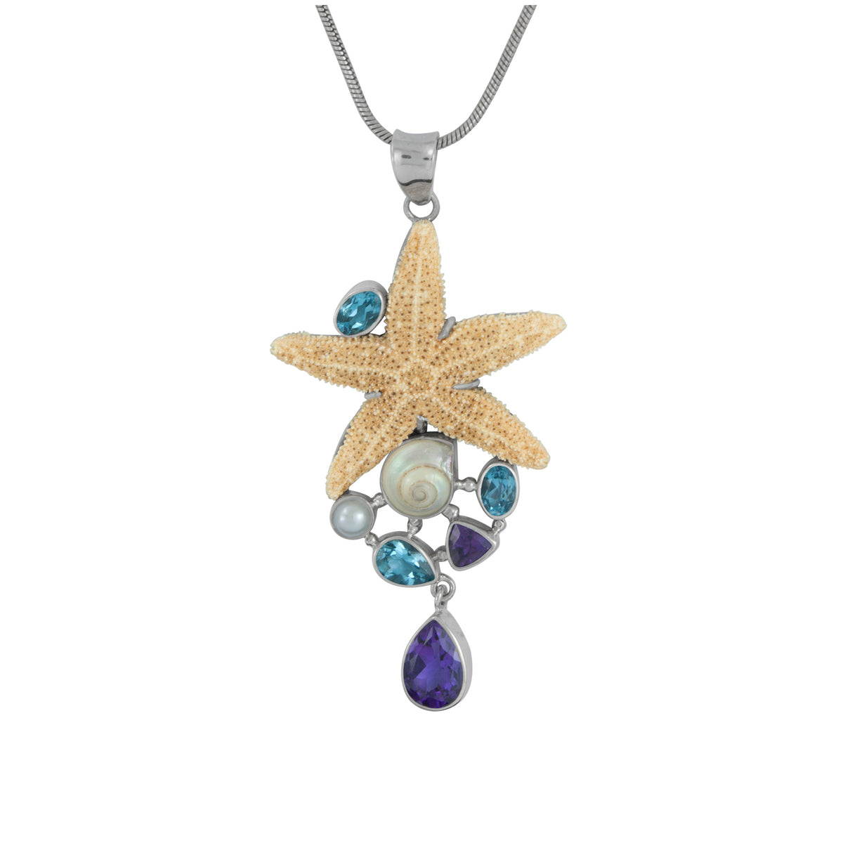 Silver Pendant With Star Fish, Blue Topaz Oval Facet, Shell Malabar Turbos, Pearl, Amethyst