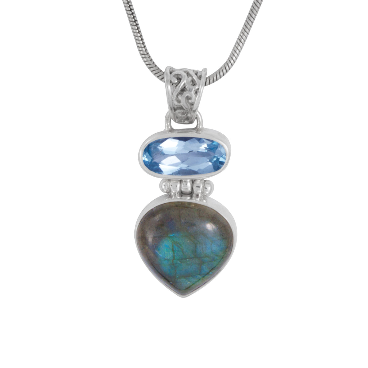 Silver Pendant With Blue Topaz Oval &amp; Laboradite Heart