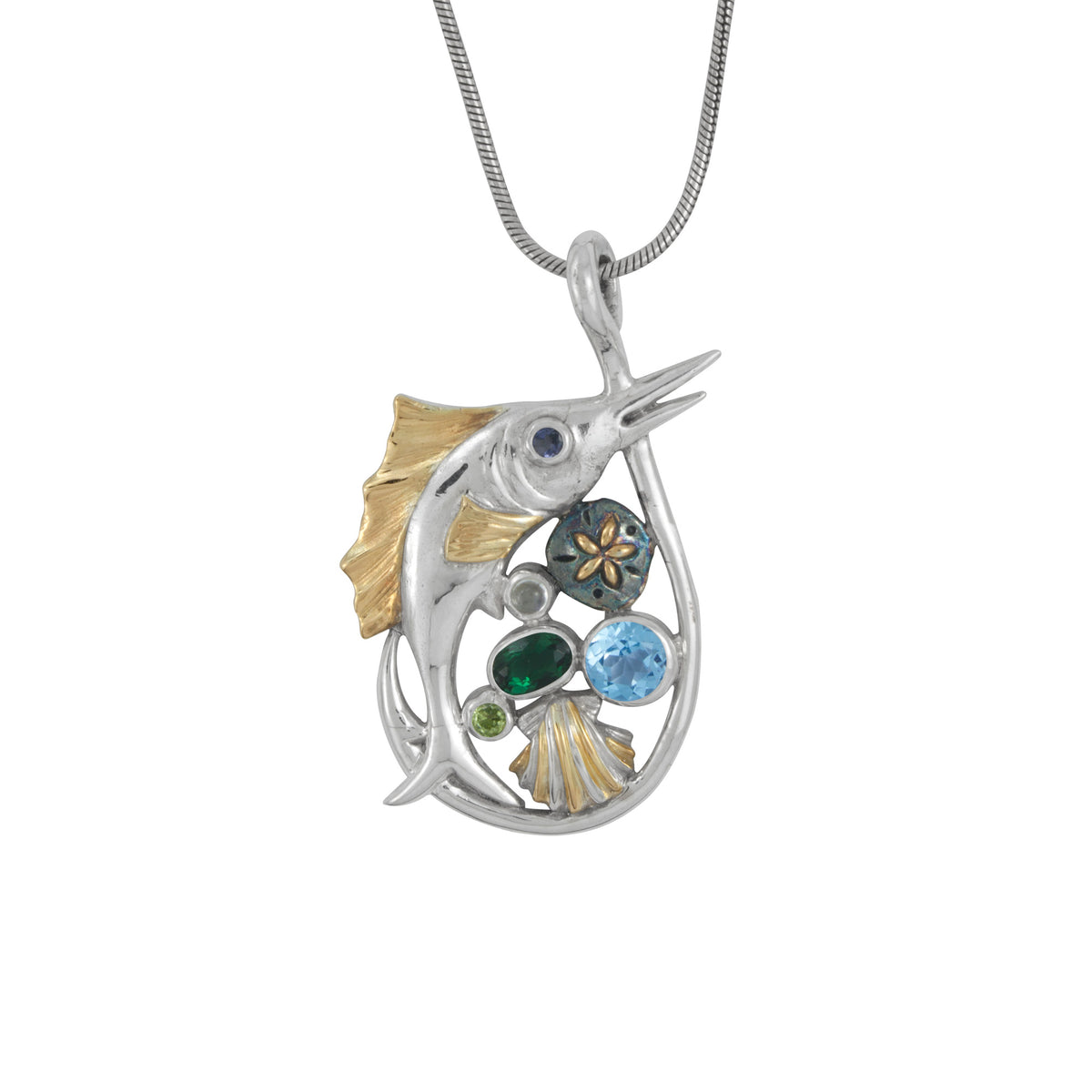 Silver Pendant Fish Component With Multi Stone Facet