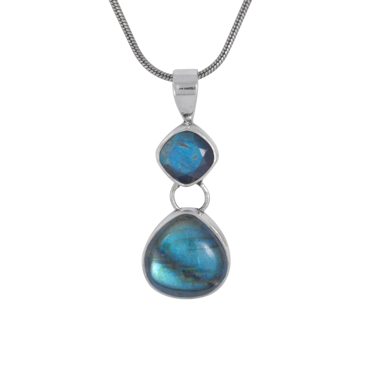 Silver Pendant With Laboradite Square &amp; Heart Drop