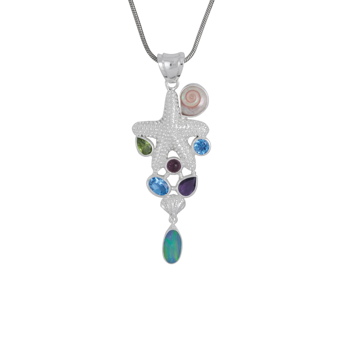Silver Pendant Star Component With Multi Facet Stone And Opal Drop