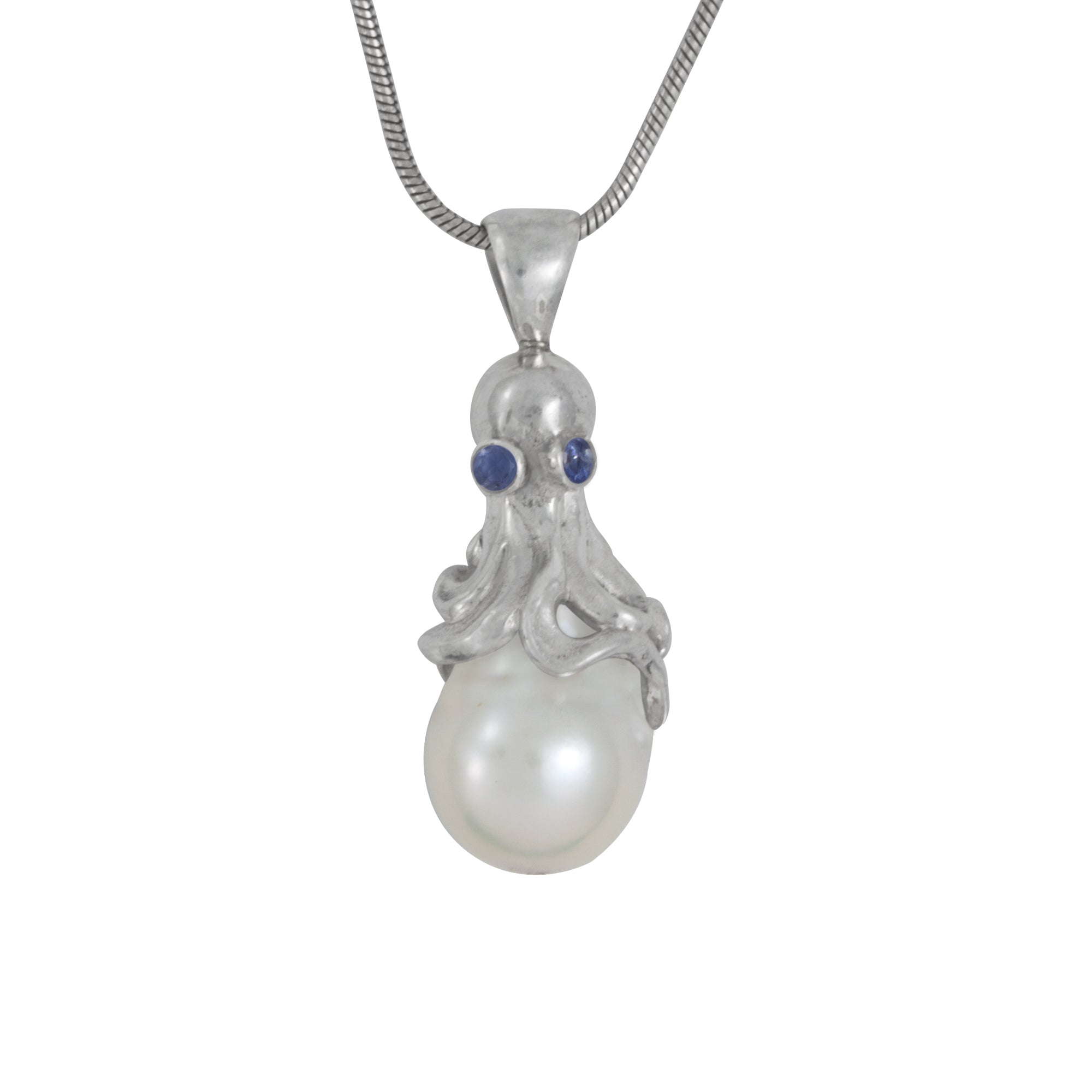 Silver Pendant Octopus With Blue Topaz Round Facet And PEarl Boruge Drop