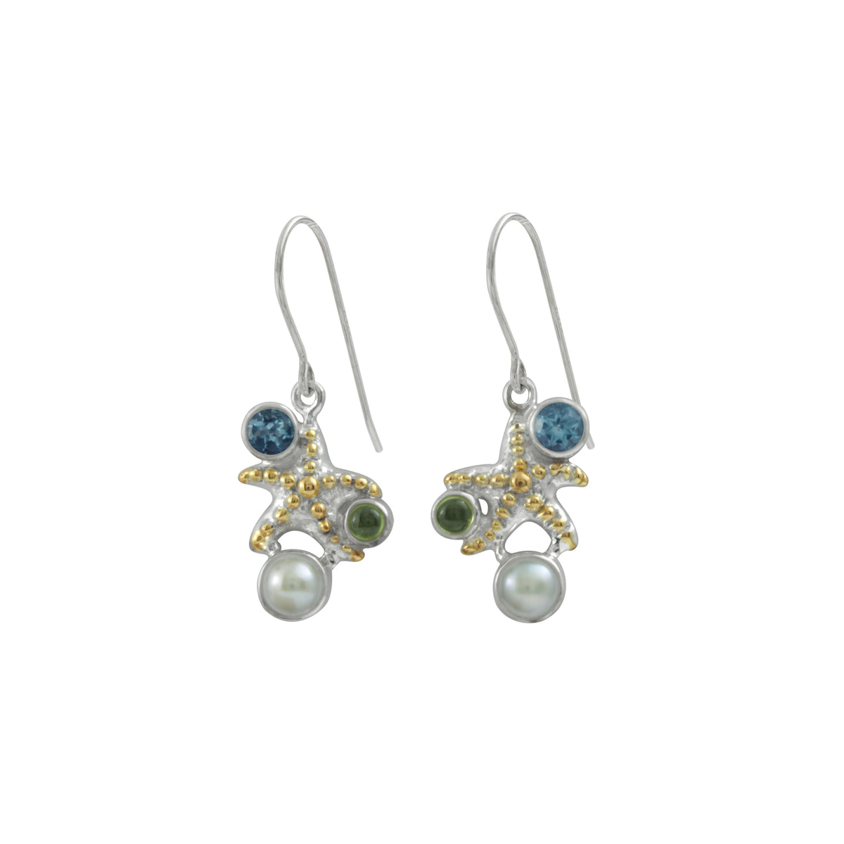Silver Earring Star Component With Pearl, Blue Topas, Peridot Round And With Gold Accent