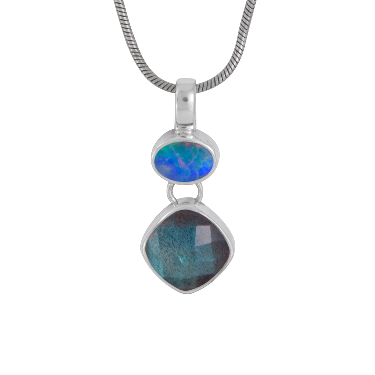 Silver Pendant With Opal &amp; Labradorite Square Cush Checker Drop