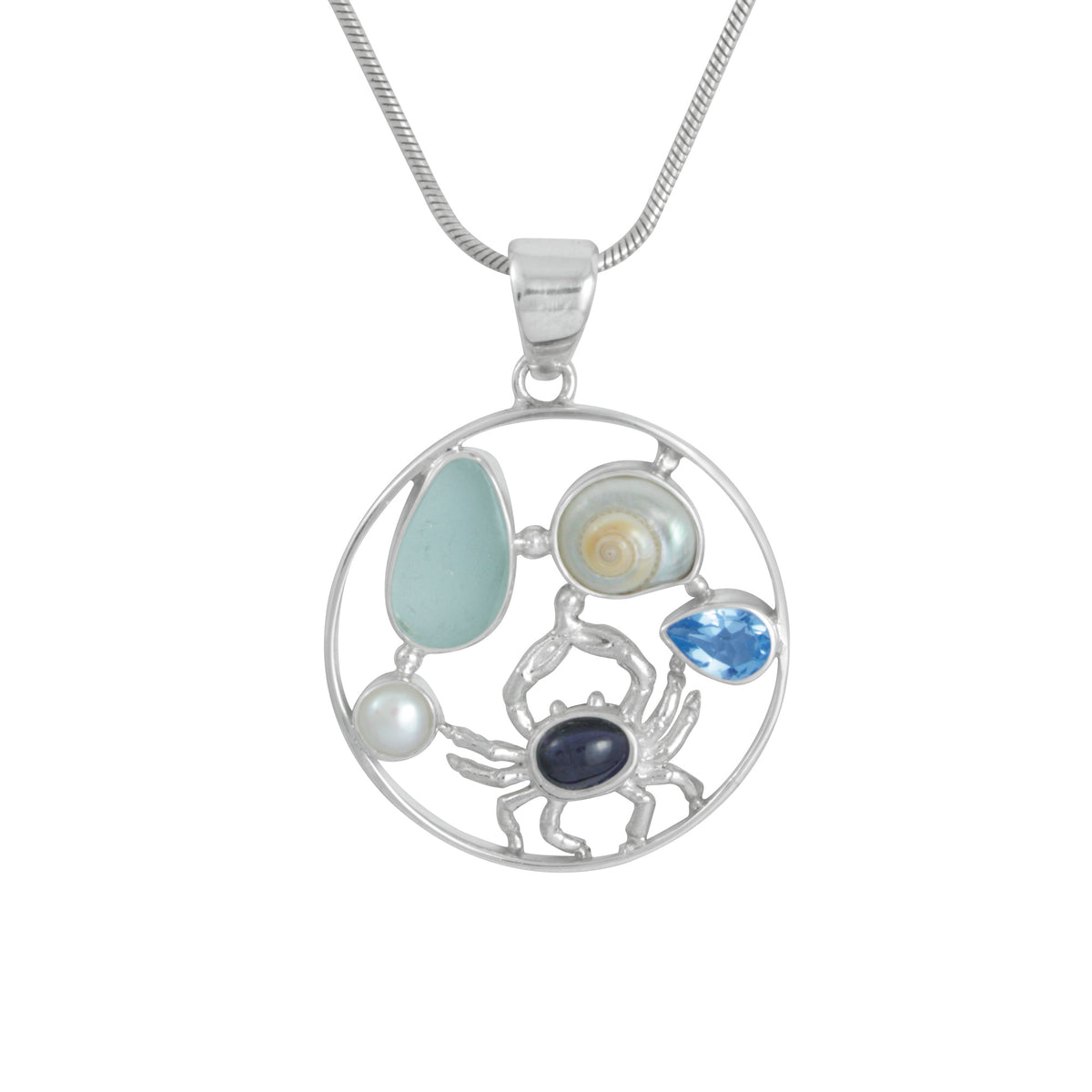 Silver Pendant With Blue Topaz, Iolite, Pearl And Sea Glass Aqua