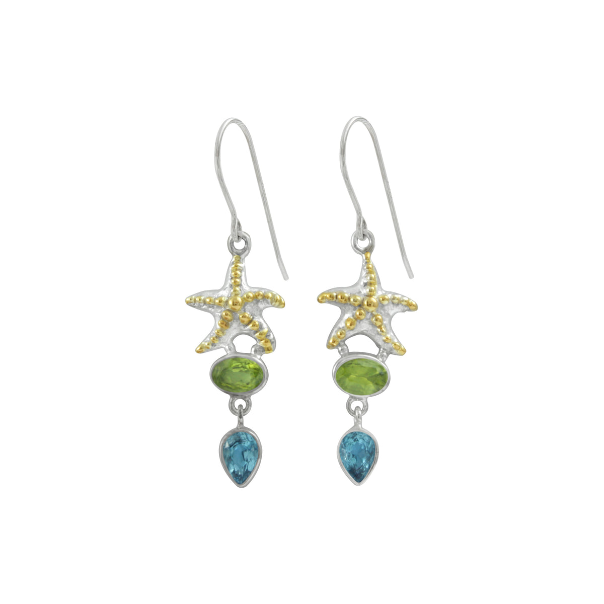 Silver Earring With Star Component With Peridot Oval And Blur Topaz Pear Facet