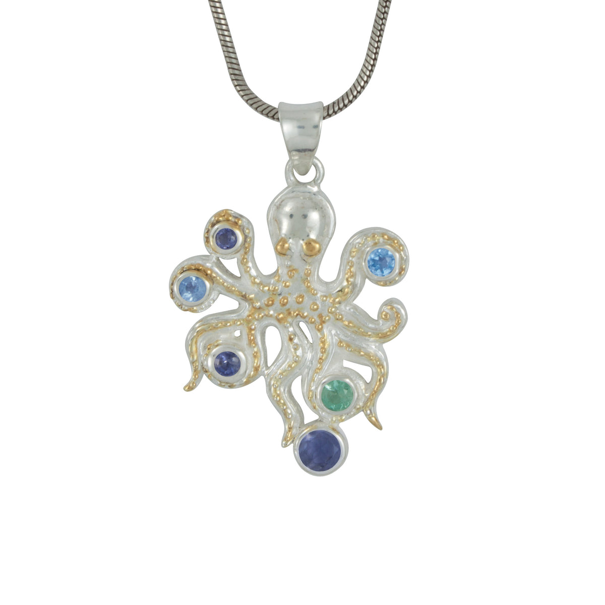 Silver Octopus Pendant with Multi Colored Gem Stones