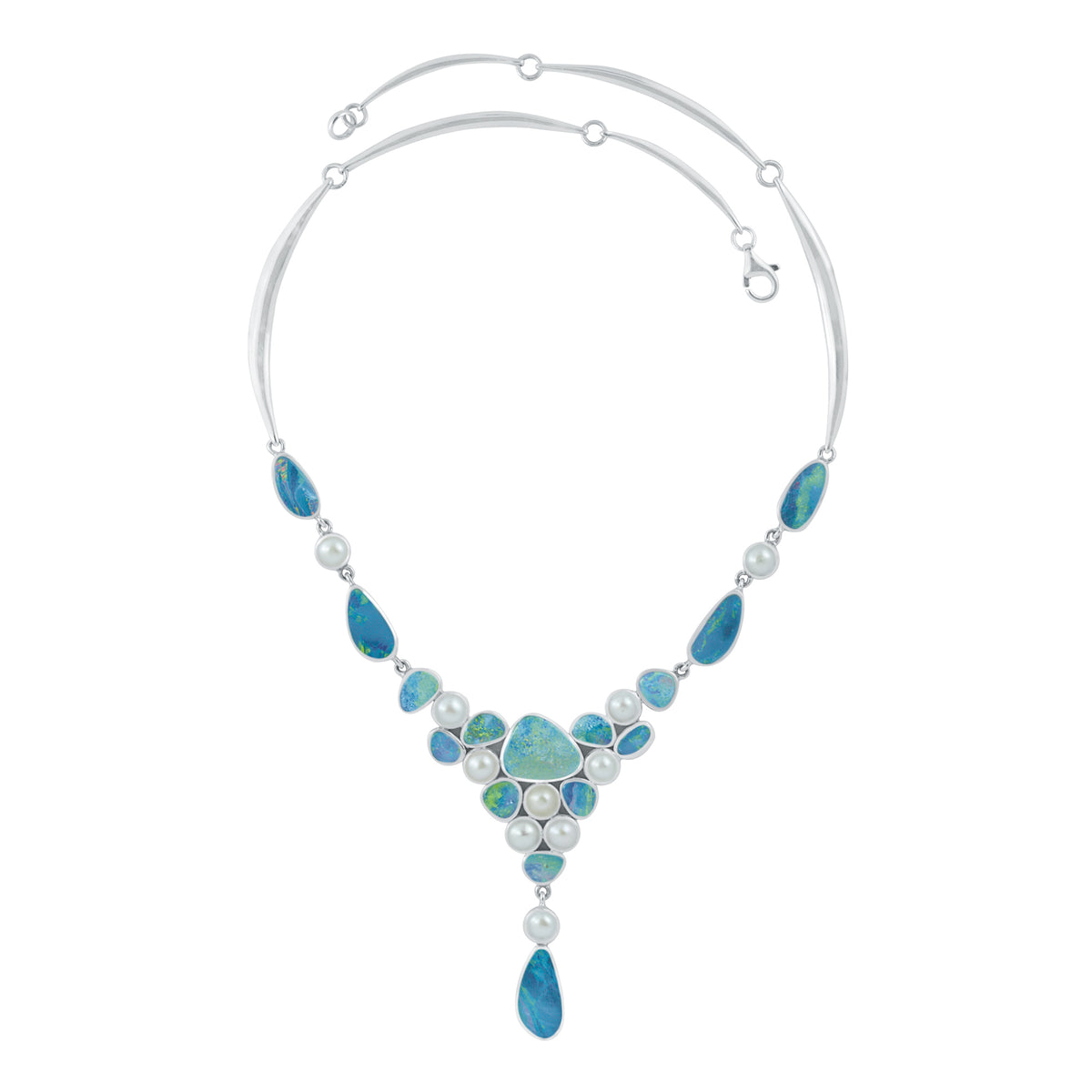 Silver Necklace With Opal Free Form &amp; Pearl