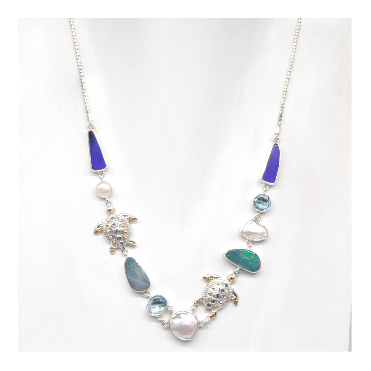 Exquisite Necklace from the Sea featuring Opal, Sea Turtles , Sea Glass &amp; Gem Stones