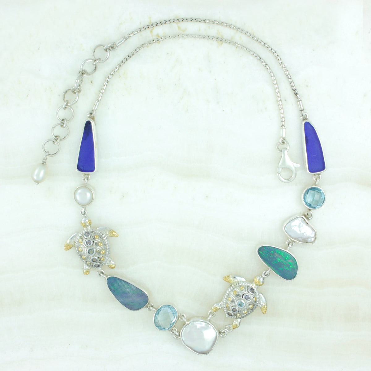 Exquisite Necklace from the Sea featuring Opal, Sea Turtles , Sea Glass &amp; Gem Stones