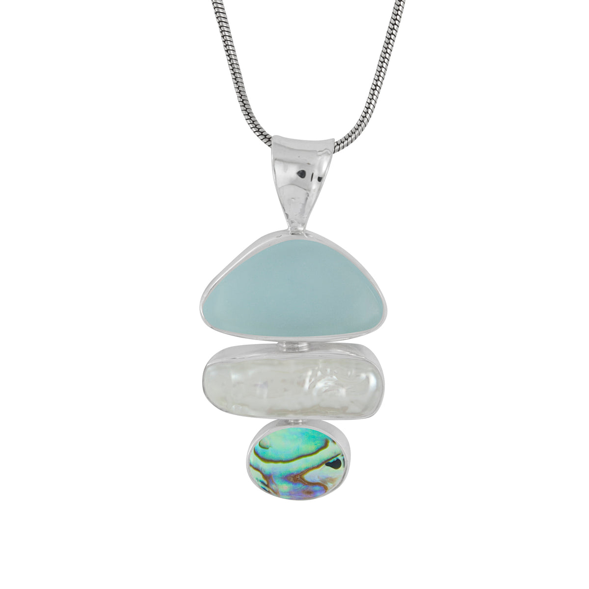 Ocean Treasure Aqua Sea Glass Paua Shell and Pearl Pendant