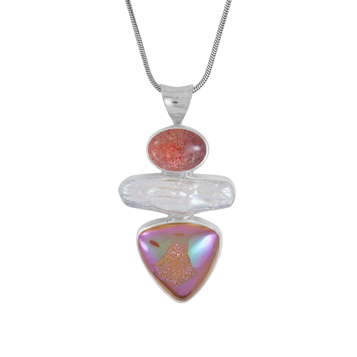 Sterling Silver Pendant With Sun Stone, Pearl Biwa, Druzy Strawberry Mocha Tri