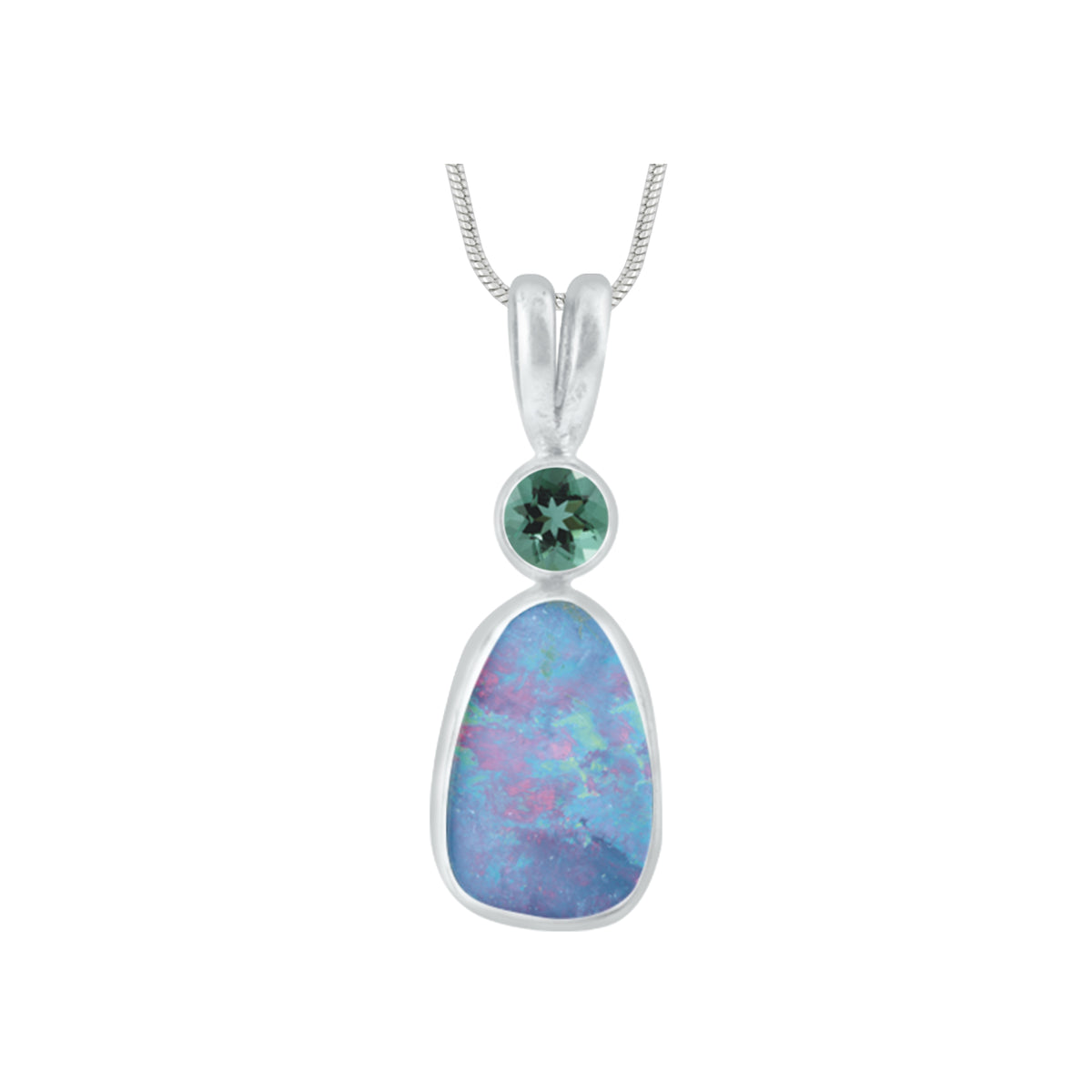 Silver Pendant With Green Topaz &amp; Free Form Opal