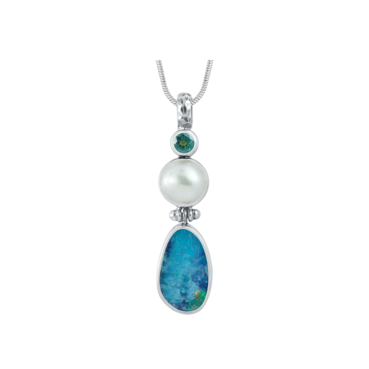 Silver Pendant With Green Topaz &amp; Free Form Opal &amp; Pearl