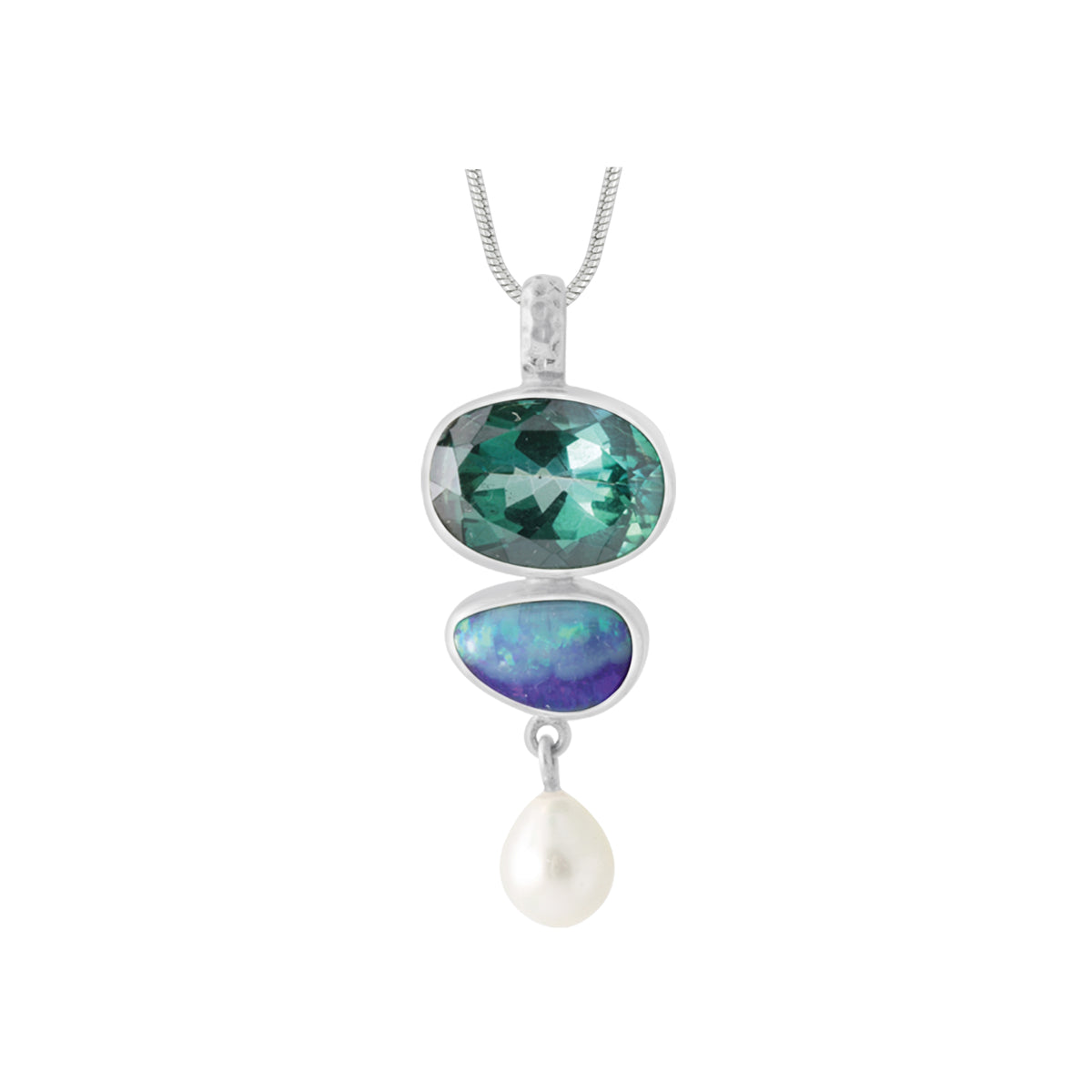 Silver Pendant With Oval Green Topaz, Opal &amp; Pearl Drop