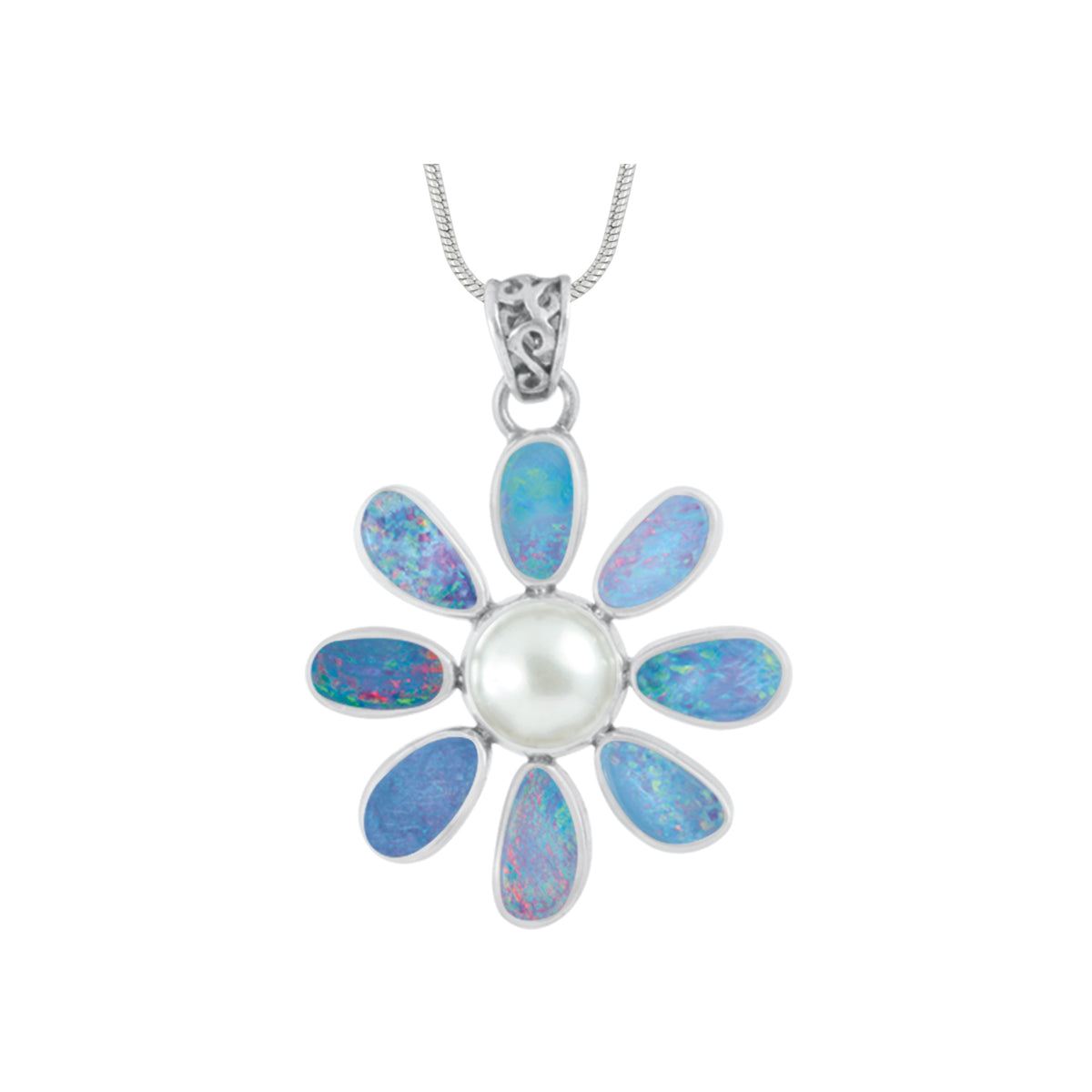 Silver Flower Pendant With Opal Free Form &amp; Pearl