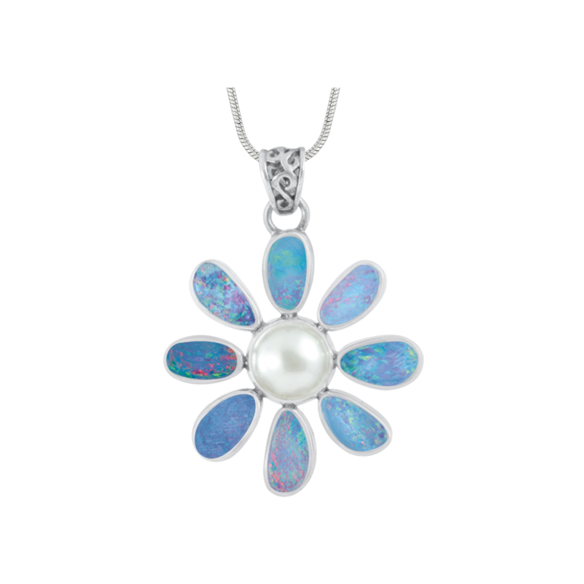 Silver Flower Pendant With Opal Free Form & Pearl