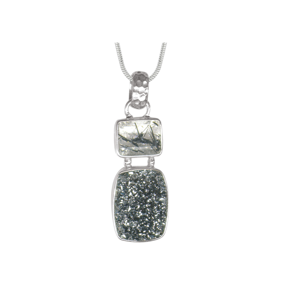 Silver Pendant With Tourmalated Quartz &amp; Druzy Black Knight Cushion