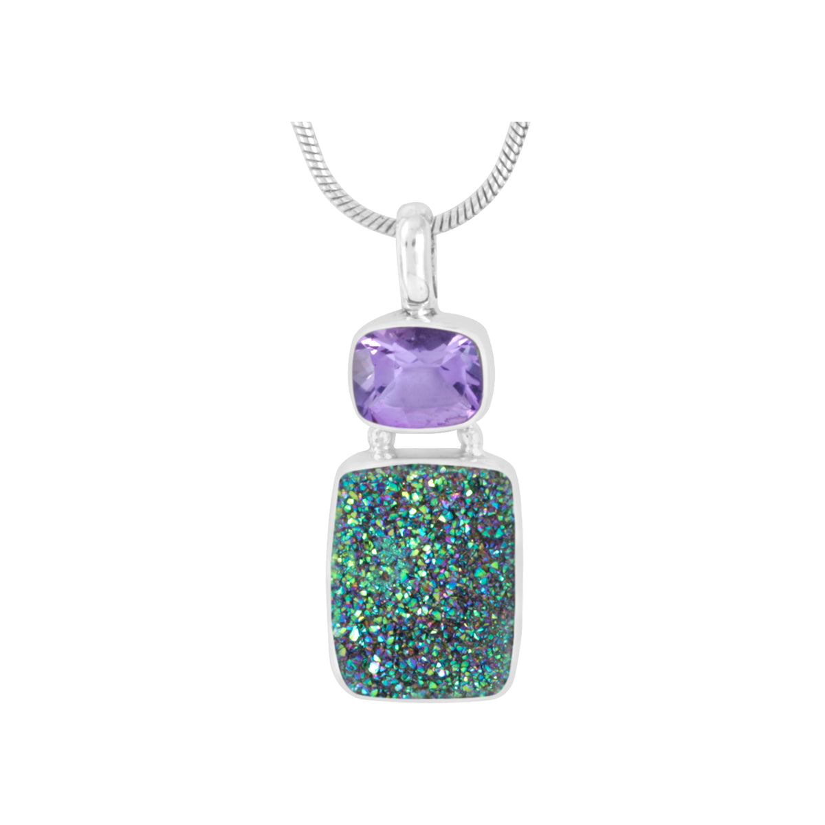 Silver Pendant With Amethyst &amp; Peacock Druzy Rectangle