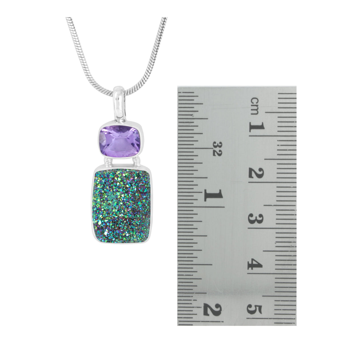 Silver Pendant With Amethyst &amp; Peacock Druzy Rectangle