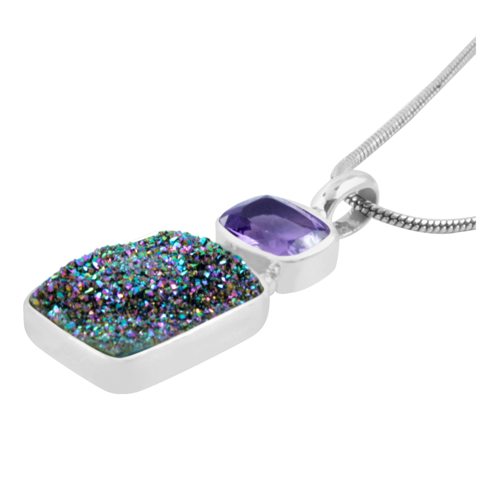 Silver Pendant With Amethyst & Peacock Druzy Rectangle