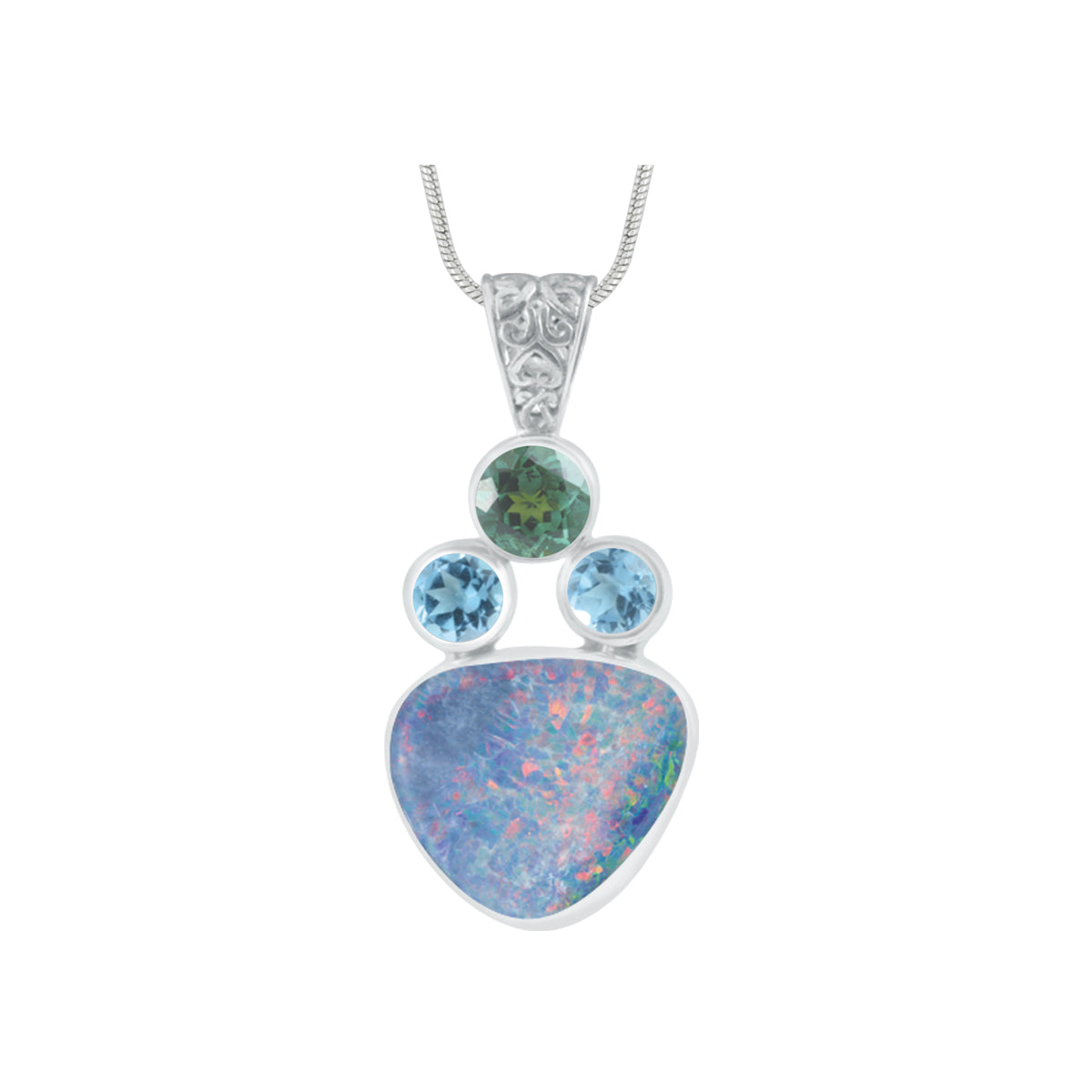 Silver Pendant With Green Quartz, Blue Topaz &amp; Free Form Opal