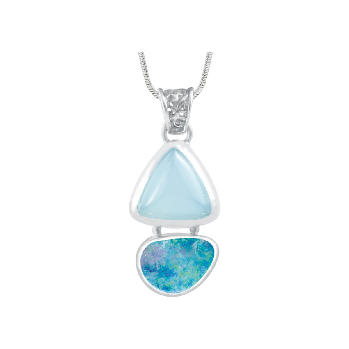Silver Pendant With Ocean Chalcidony Triangle &amp; Opal Free Form