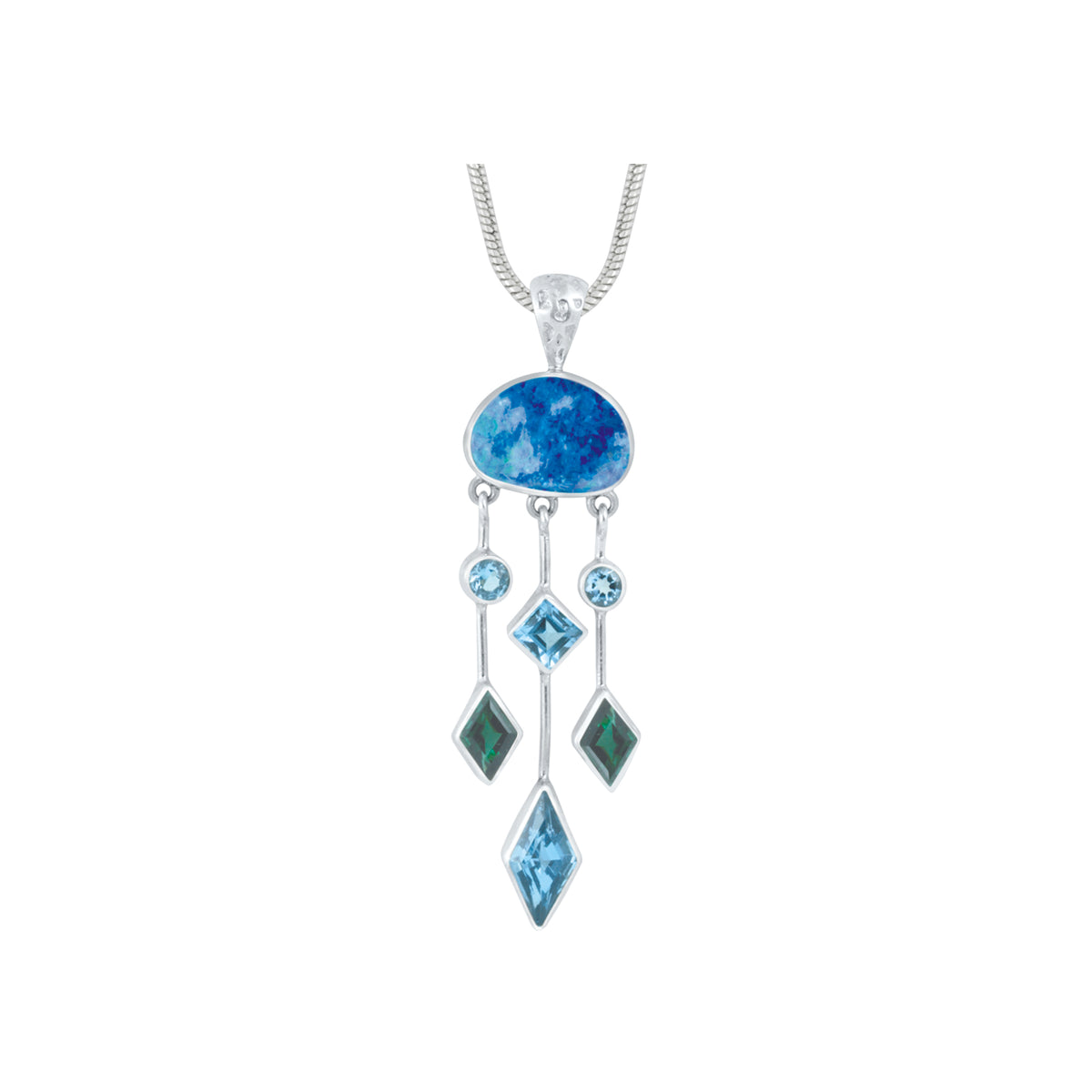 Silver Pendant With Blue Topaz &amp; Green Quartz Diamond Drop