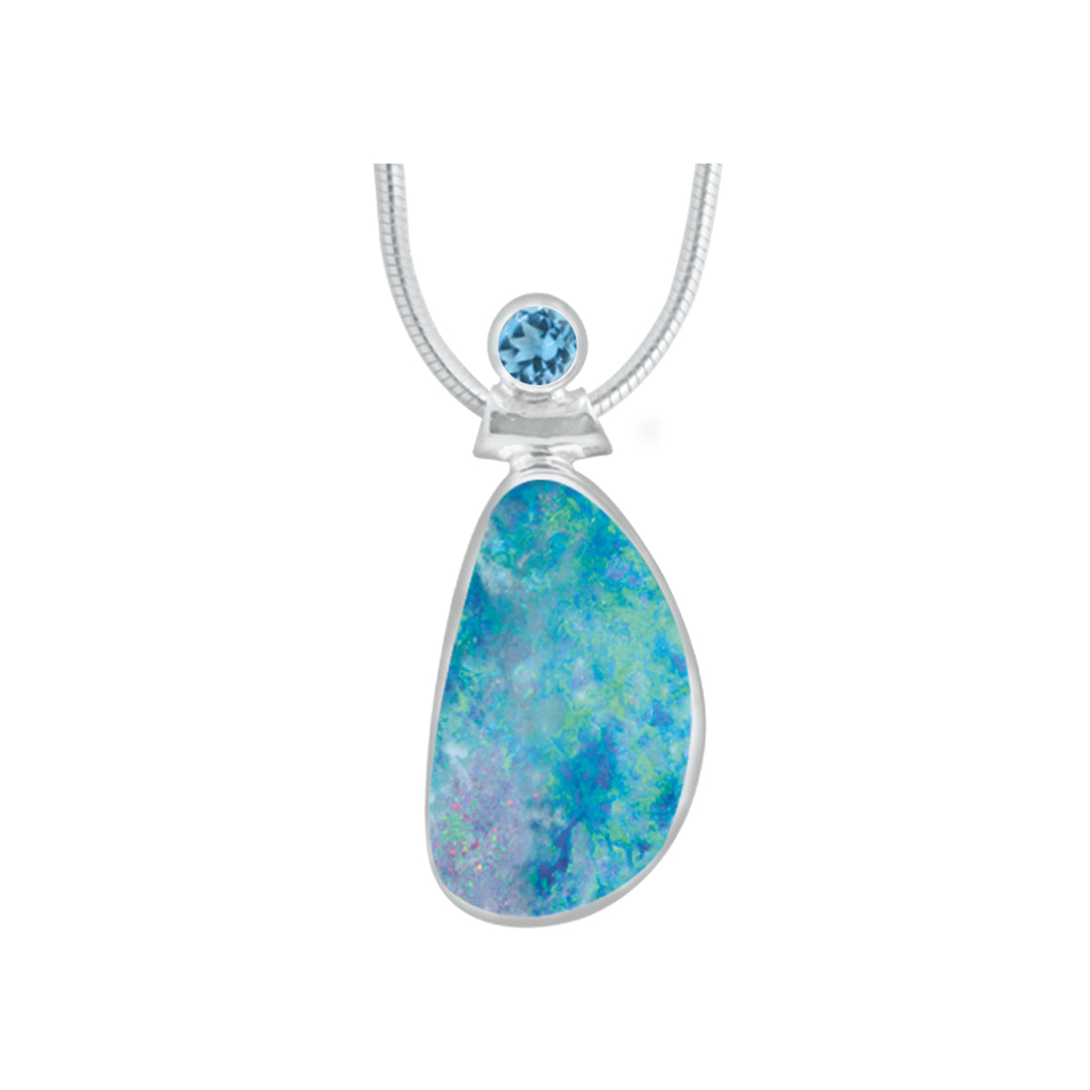 Silver Pendant With Opal Free Form &amp; Blue Topaz Round