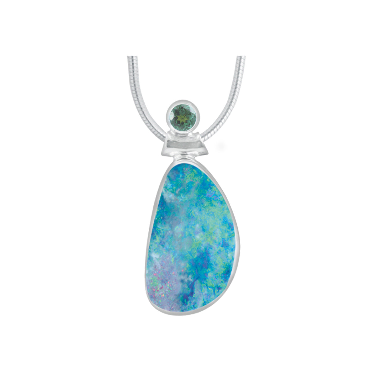 Silver Pendant With Opal Free Form &amp; Blue Topaz Round