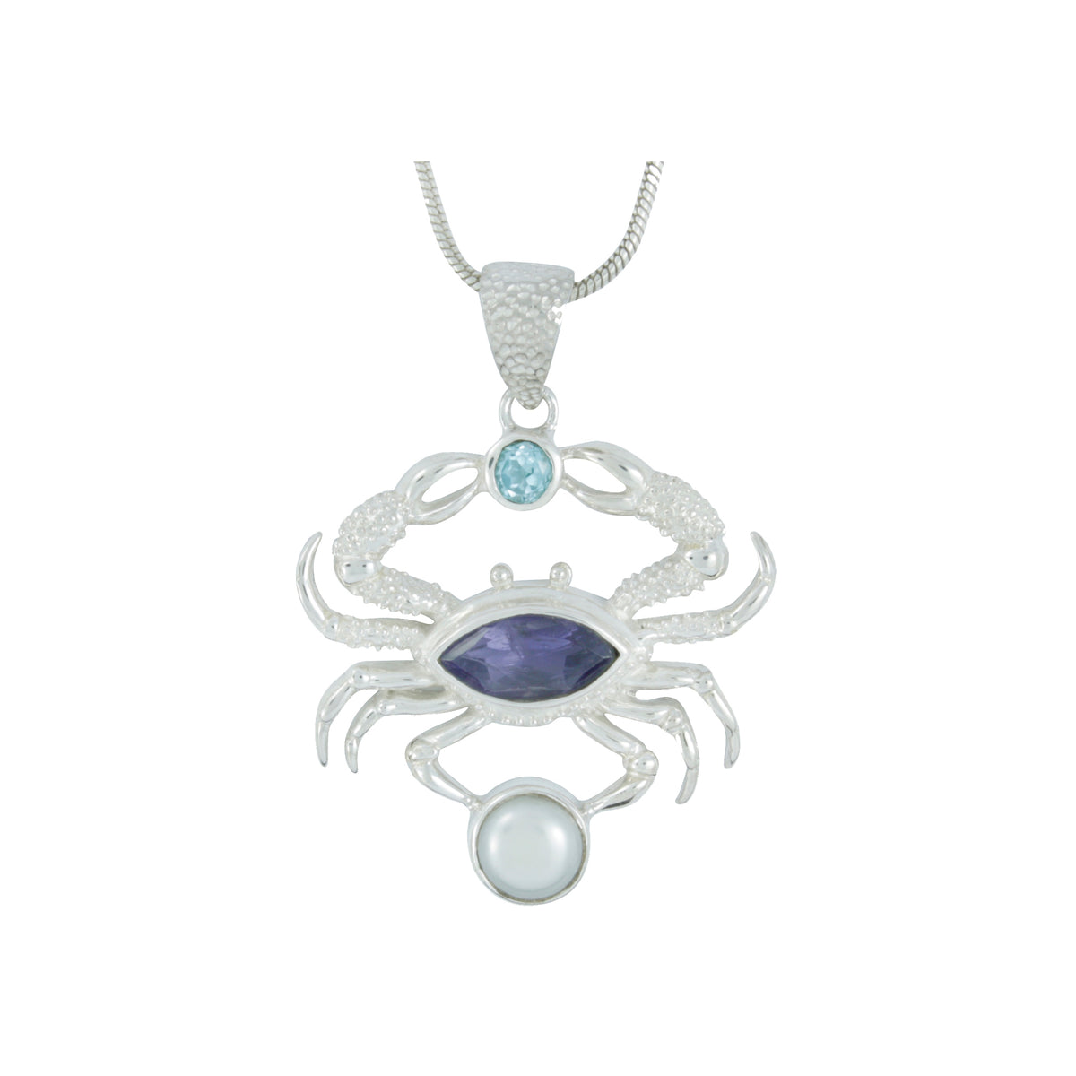 Silver Pendant With Blue Topaz, Iolite, Pearl  With Crab Component