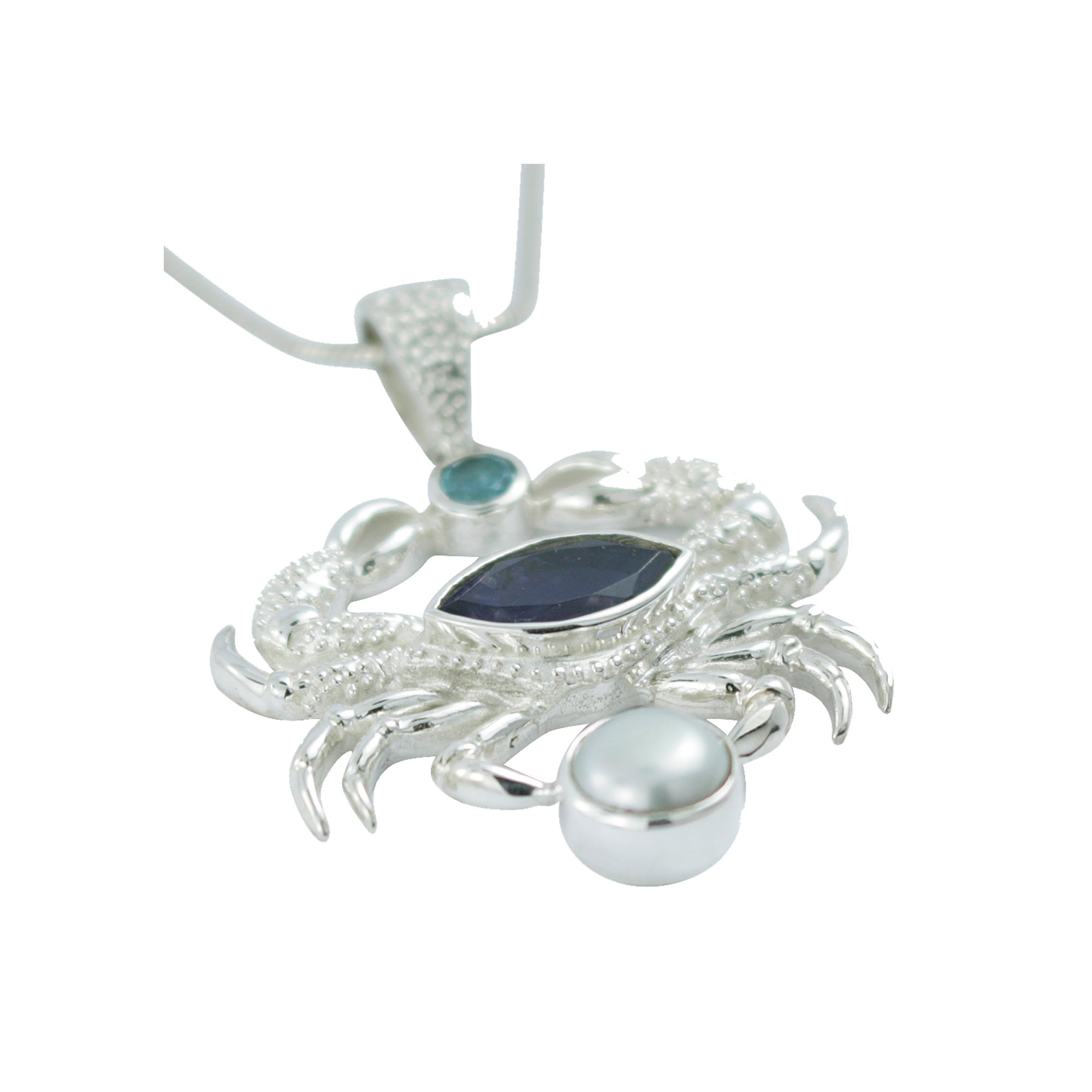 Silver Pendant With Blue Topaz, Iolite, Pearl  With Crab Component