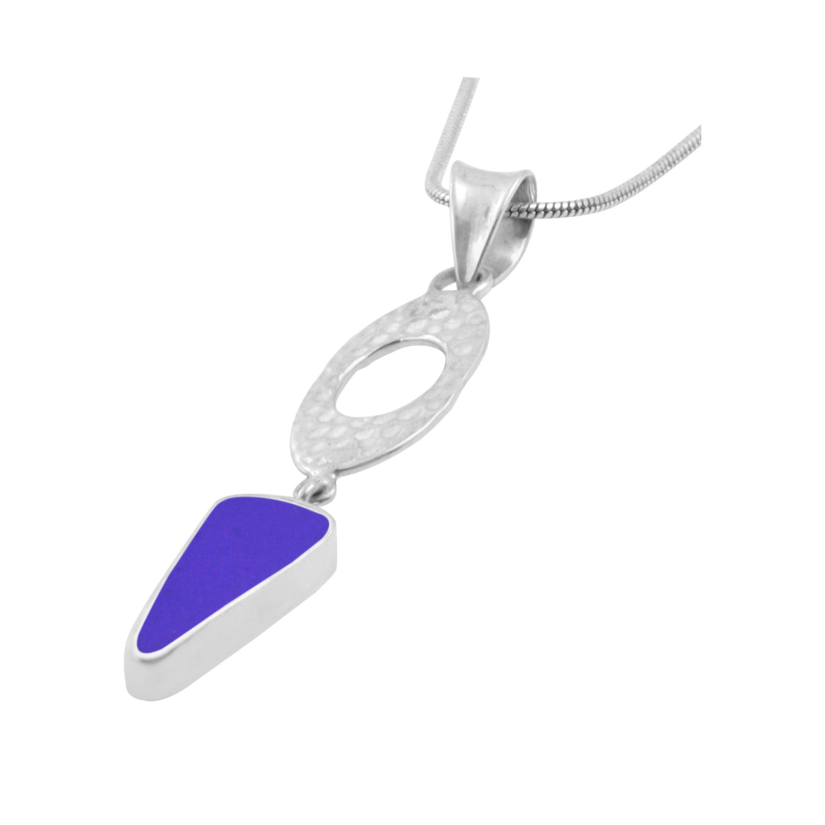 Sassy Blue Sea Glass Pendant with Hamered Silver texture