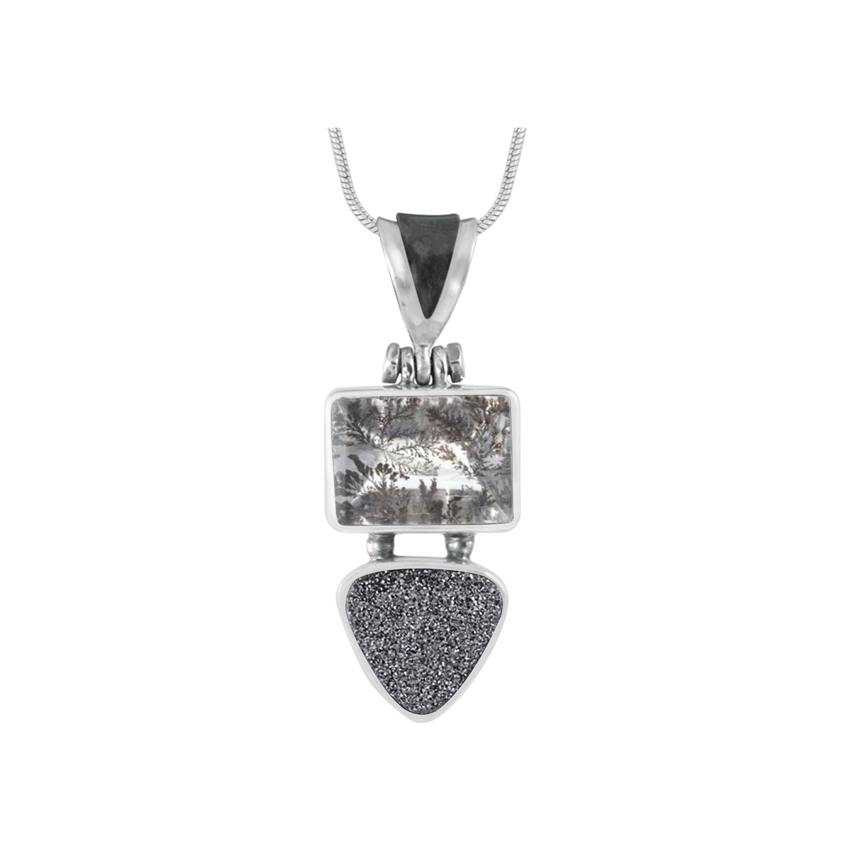 Silver Pendant With Dentritic Quartz Rectagle Facet &amp; Druzy Black Knight Trillion