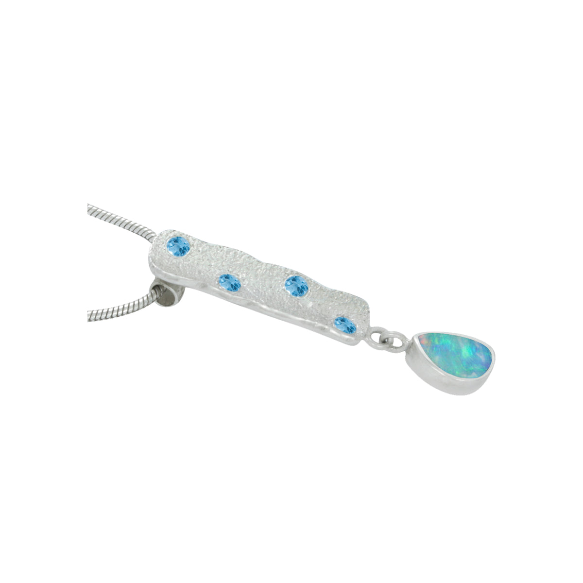 Silver Pendant With Blue Topaz Round Facet And Opal Free Form Drop