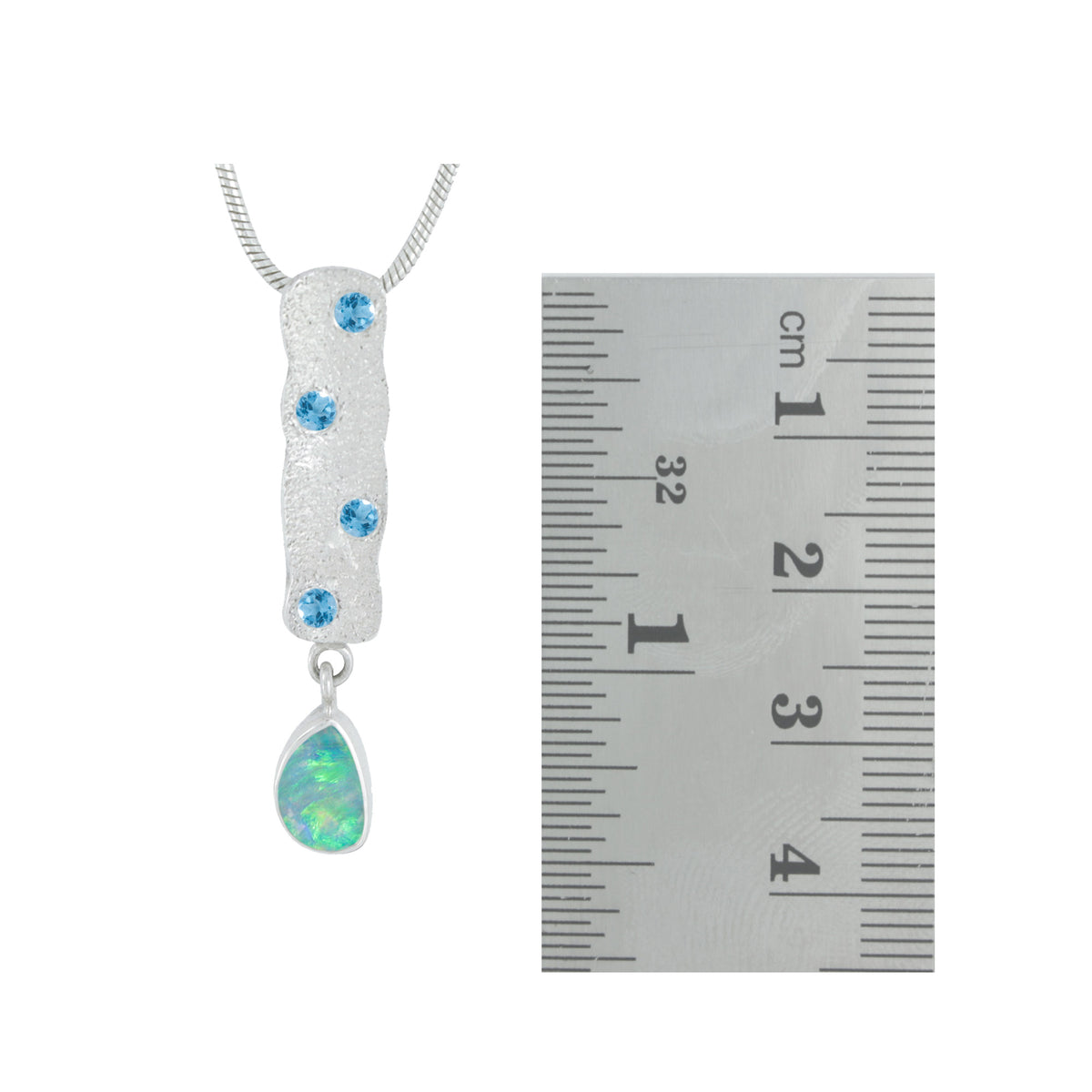 Silver Pendant With Blue Topaz Round Facet And Opal Free Form Drop