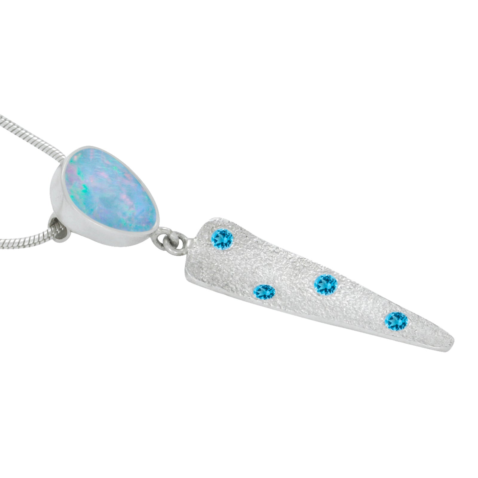 Silver Pendant With Opal Free Form And Blue Topaz Round Facet