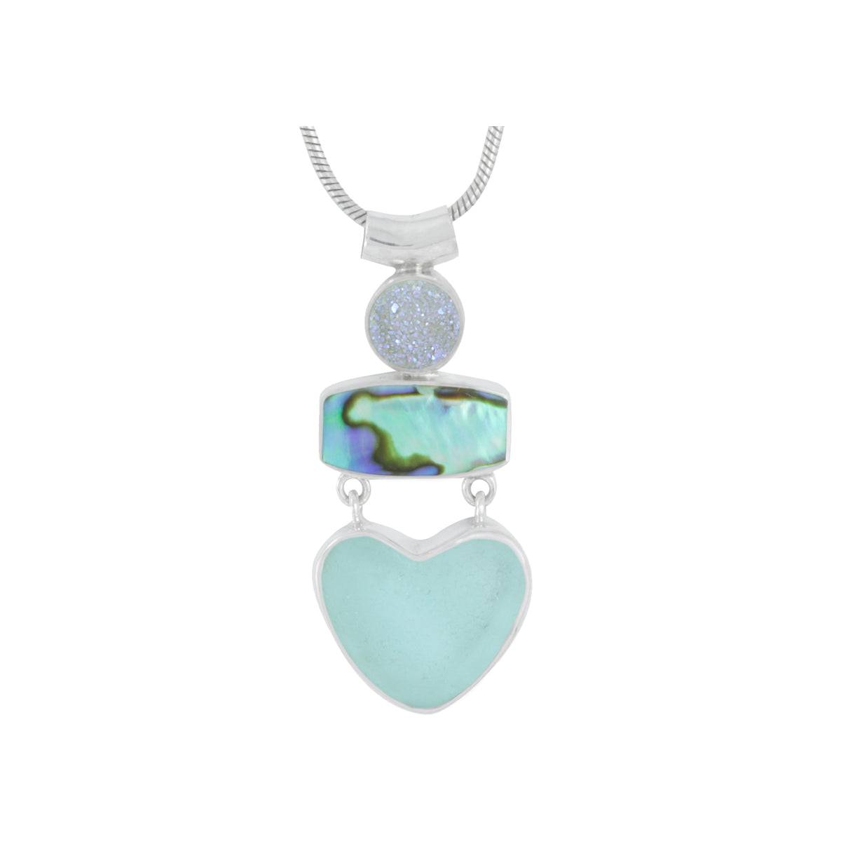 Stunning Paua Shell and Sea Glass Heart Pendant with a splash of Druzy
