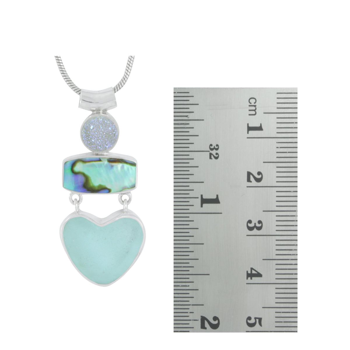 Stunning Paua Shell and Sea Glass Heart Pendant with a splash of Druzy
