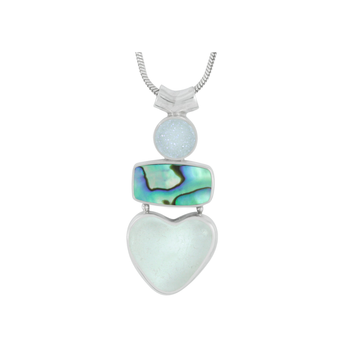 Stunning Paua Shell and Sea Glass Heart Pendant with a splash of Druzy
