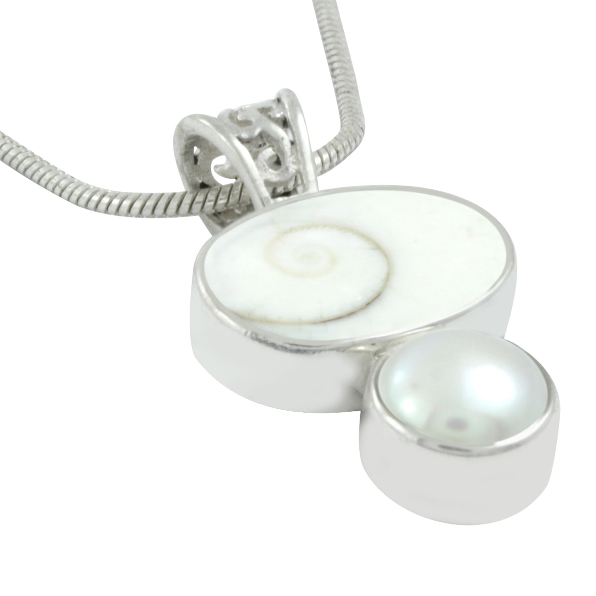 Silver Pendant With Spiral Shell &amp; Pearl