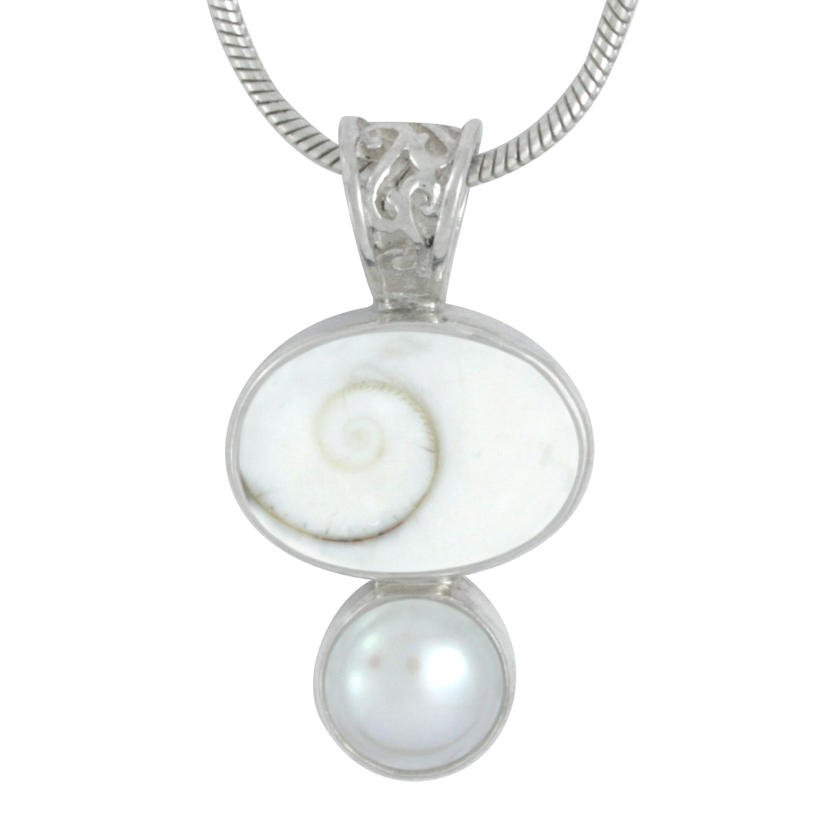 Silver Pendant With Spiral Shell &amp; Pearl