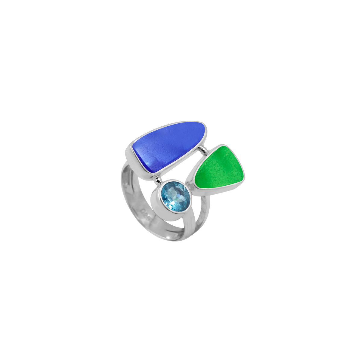 Cobalt Blue &amp; Green Genuine Sea glass Ring with Blue Topaz