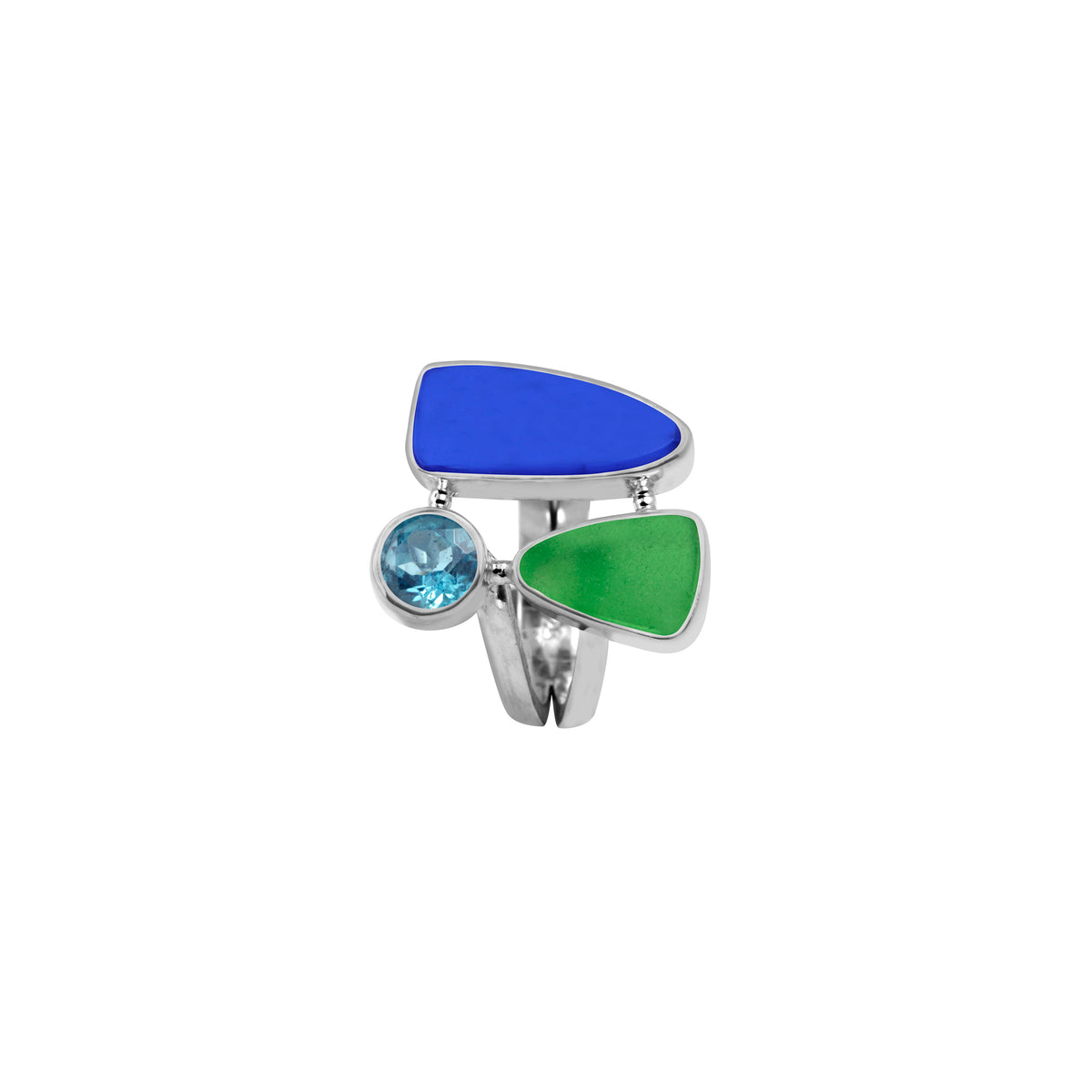 Cobalt Blue &amp; Green Genuine Sea glass Ring with Blue Topaz