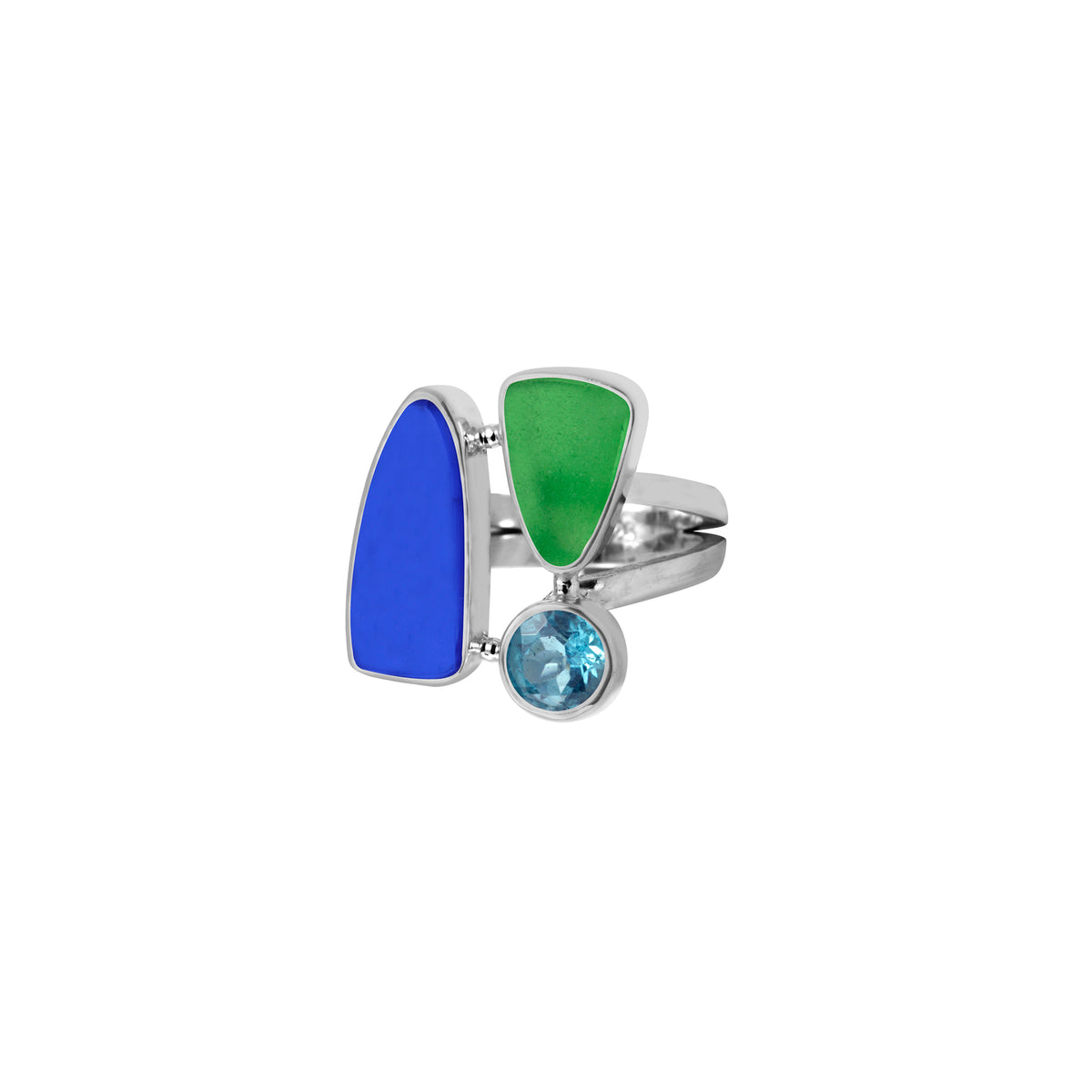 Cobalt Blue &amp; Green Genuine Sea glass Ring with Blue Topaz