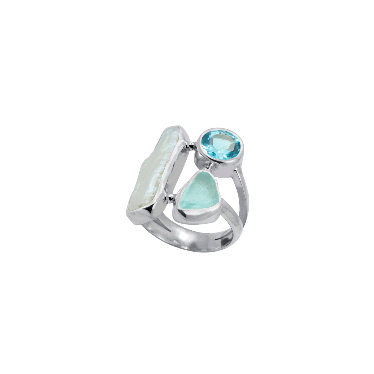 Stunning Sea glass Ring with Pearl and Blueb Topaz accents